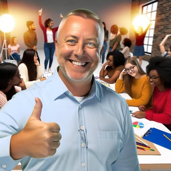 A person with their thumbs up as a learning workshop takes place in the background